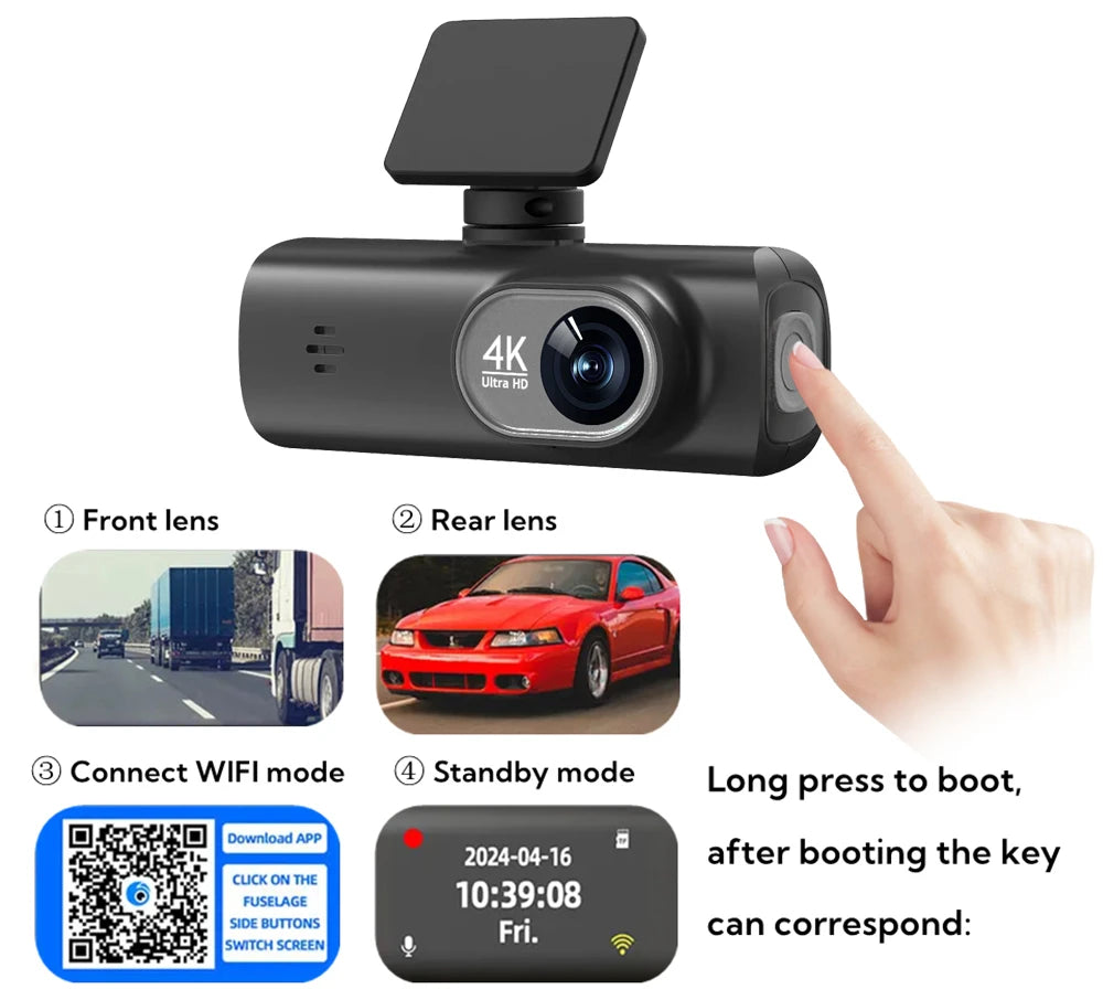 DriveBoost™ 4K Dual-Lens Dash Cam with Wi-Fi & Parking Protection